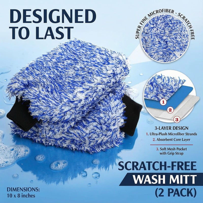 TAKAVU New Car Wash Mitt, 2 Pack Premium Cyclone Microfiber Washing Gloves, Holds Tons of Sudsy Water for Effective Washing, Machine Washable, Lint Free, Scratch Free (Blue) - Image 2
